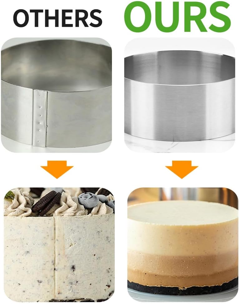 Guowall 6 Pack Seamless Cake Ring Molds Stainless Steel Mousse Rings 3 Inch Round Pastry Cutter for Baking (Includes 6 Rings 1 Pusher and 1 Lifter)