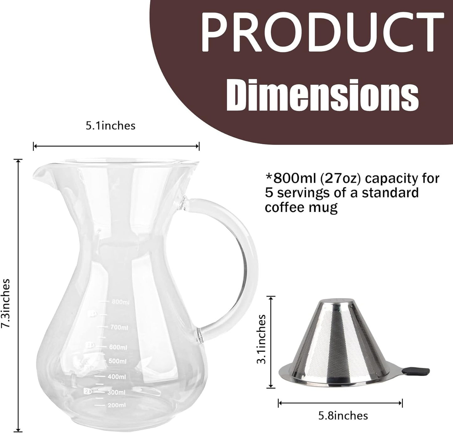 T-mark Pour Over Coffee Maker with Reusable Double-layer Stainless Steel Filter, 800ml/27oz BPA-Free Glass Coffee Carafe, Glass Coffee Maker, Coffee Dripper Brewer