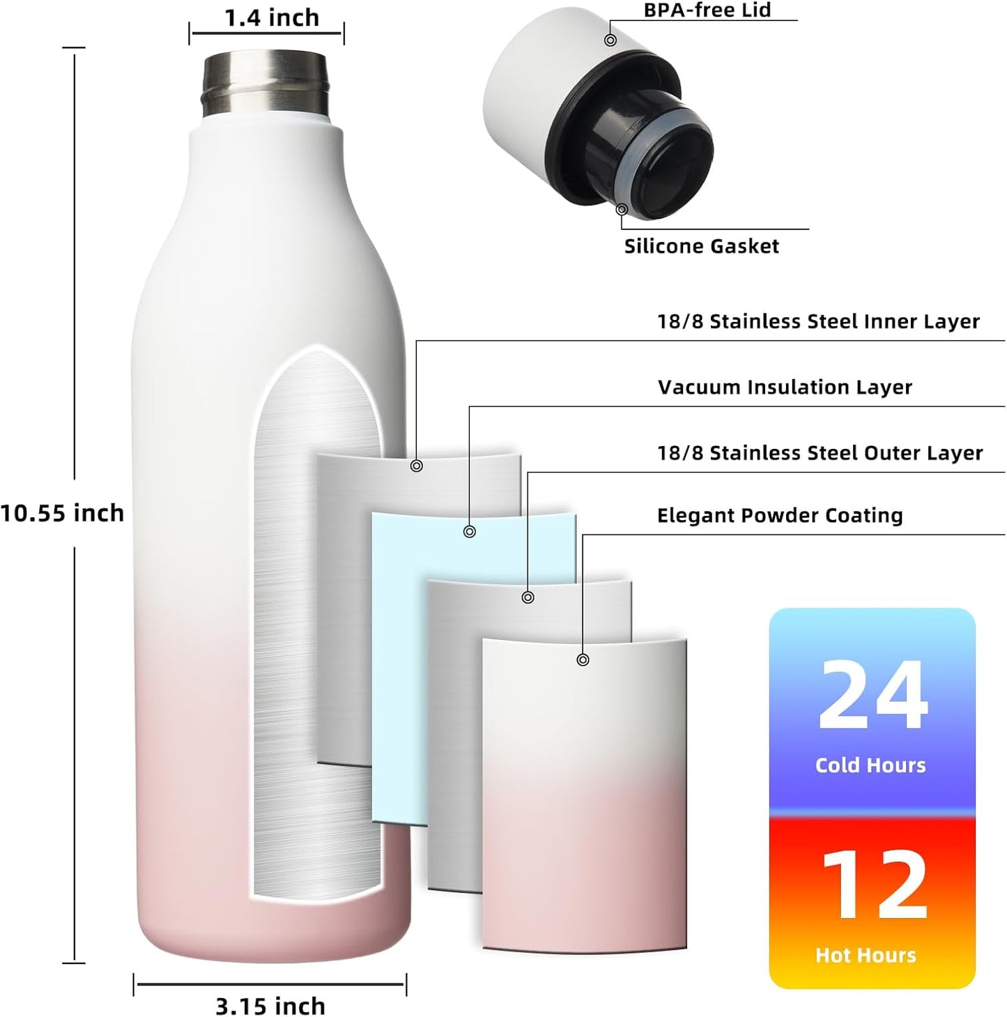 BJPKPK Insulated Water Bottles, 25 oz Stainless Steel Metal Water Bottle with Strap, BPA Free Leak Proof Thermos, Mugs, Flasks, Reusable Water Bottle for Sports & Travel, Graceful Pink