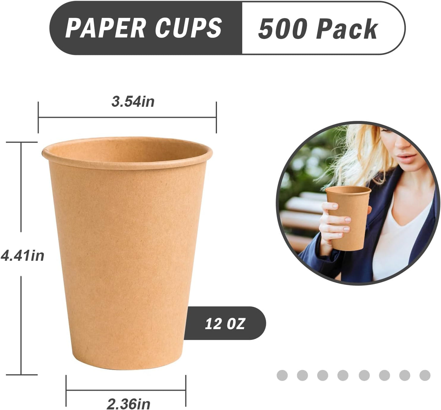 Lamosi 500 Count 12 oz Kraft Paper Cups, Disposable Hot/Cold Paper Coffee Cups, 12 Ounce Beverages Cups, Water Cups for Party Picnic Travel and Events