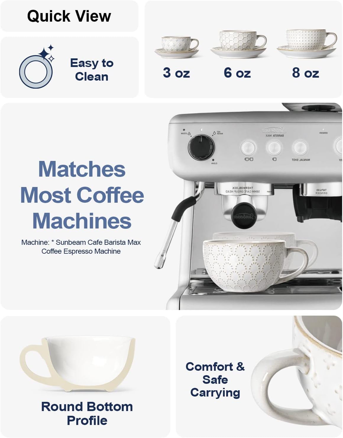 LE TAUCI Cappuccino Cups with Saucers 8 oz, Ceramic Large Coffee Cup for Au Lait, Double shot, Latte, Cafe Mocha, Tea, Dishwasher Safe - Set of 4, Arctic white