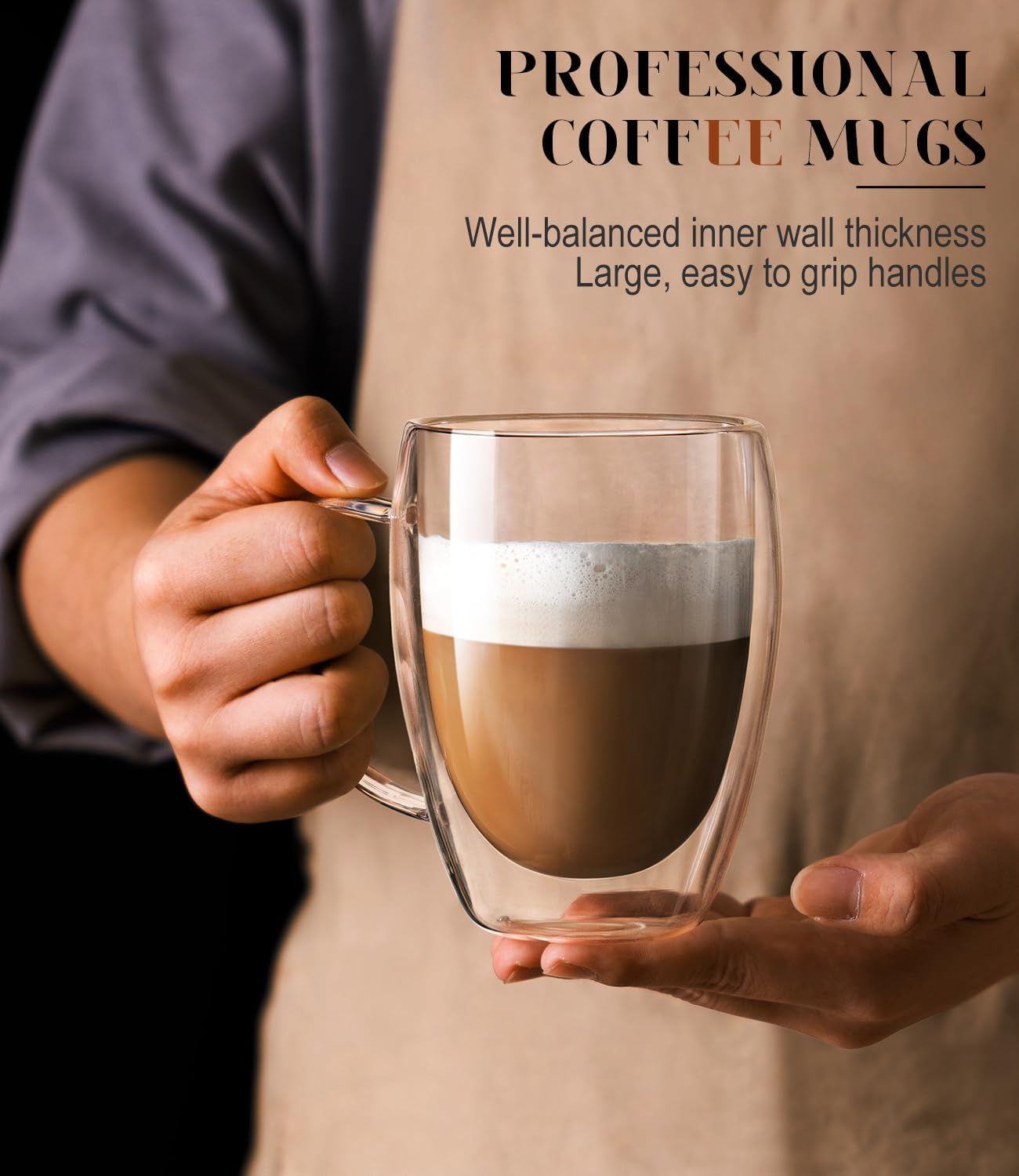 OJA Double Wall Glass Coffee Mugs 12.5oz, Hand Blown Clear Glass Coffee Cups Set of 2, Insulated Tea Mug, Perfect for Espresso, Cappuccino, Latte, American,Tea Bag, Beverage