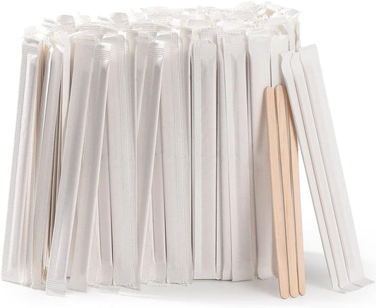 500pcs Individually Wrapped Coffee Stirrers Wood - 7" Coffee Stir Sticks, Round End Disposable coffee stirrer, For Coffee, Cocktail and Hot Drinks