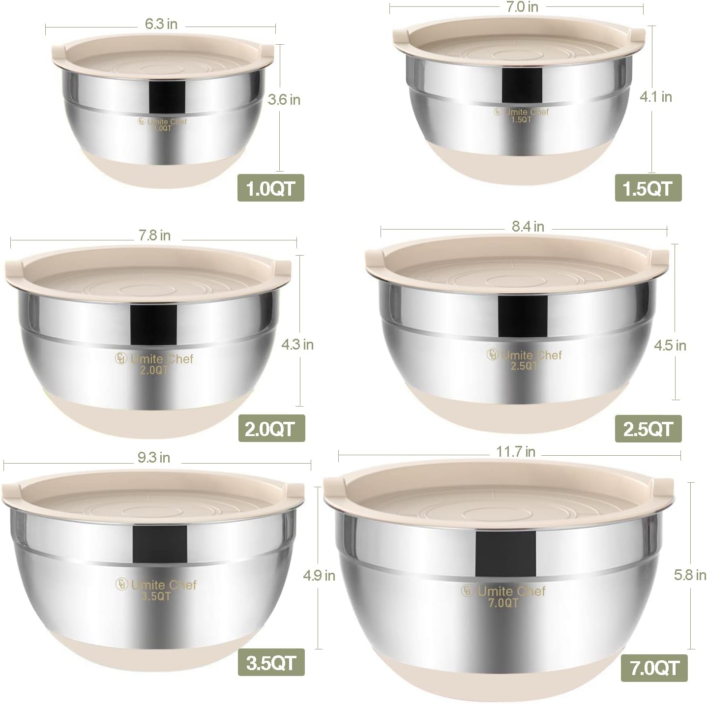 Umite Chef Mixing Bowls with Airtight Lids, 6 piece Stainless Steel Metal Nesting Storage Bowls, Non-Slip Bottoms Size 7, 3.5, 2.5, 2.0,1.5, 1QT, Great for Mixing & Serving (Khaki)