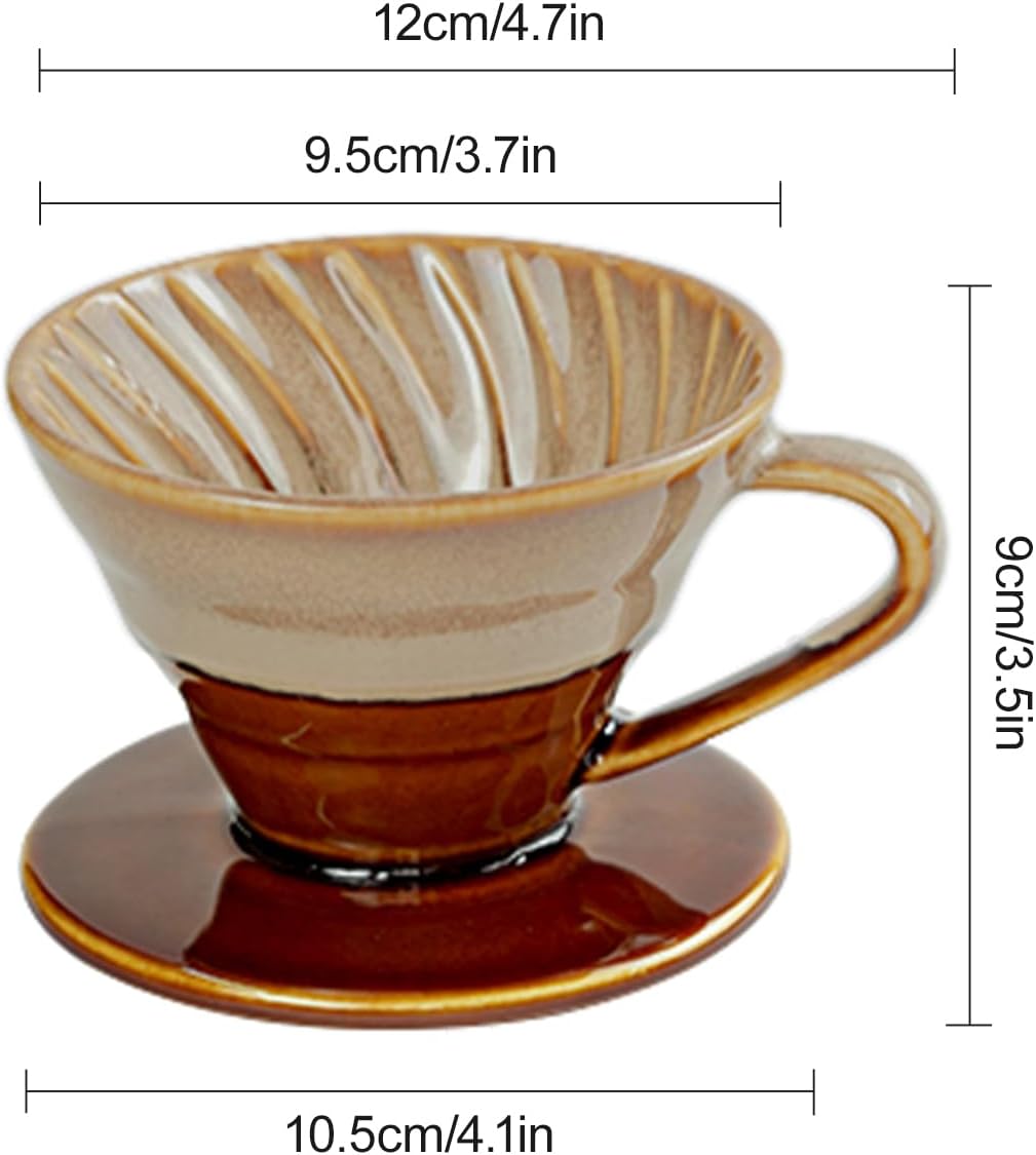 Ceramic Coffee Dripper Filter 02-4Cup Pour Over Coffee Dripper, 60 Angle Cone Ceramic Hand Brew Coffee Cup Retro Filter Set Reusable Portable Coffee Maker (Bronze)