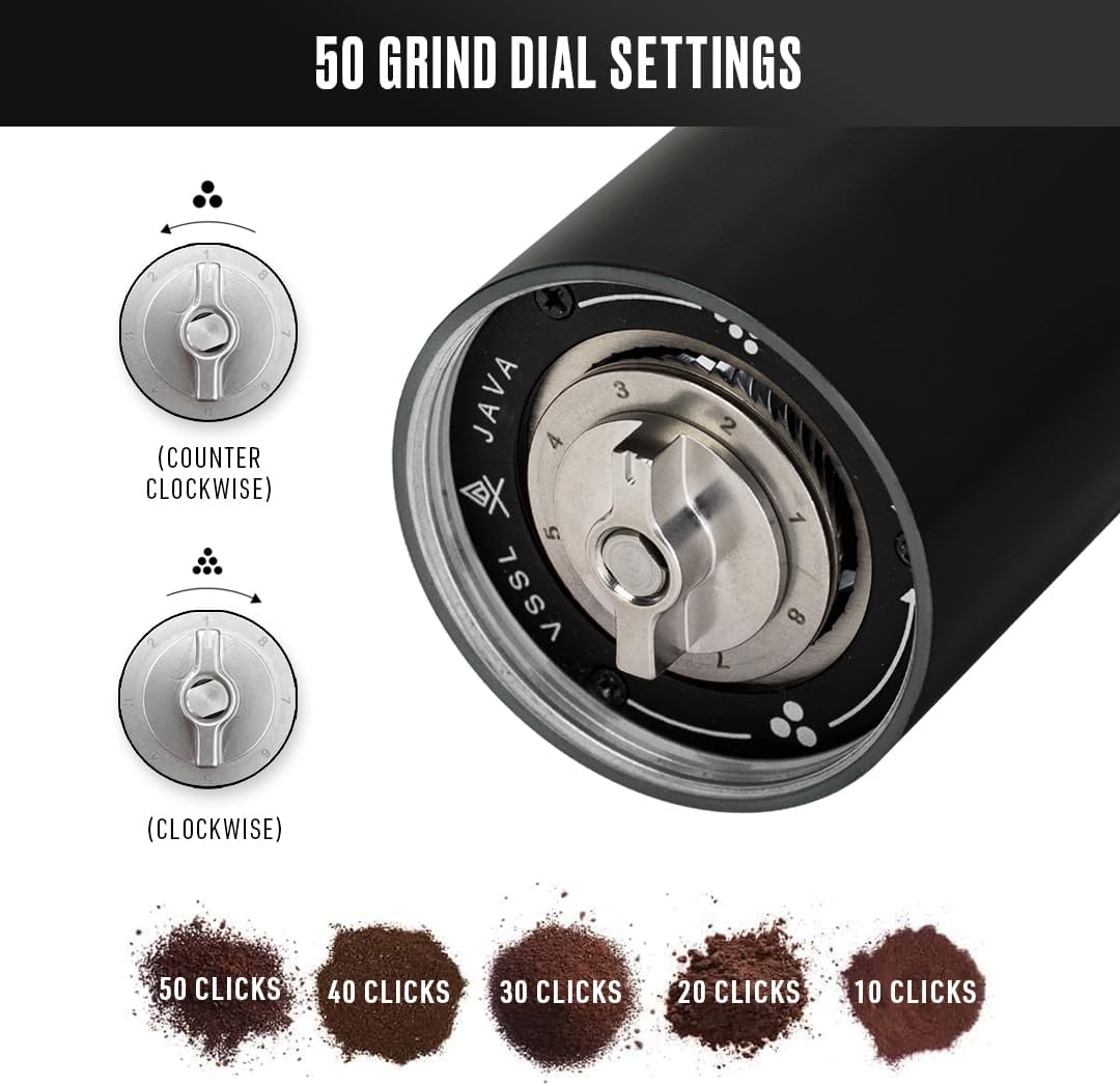 Java Manual Coffee Grinder, 20 Gram Capacity, Stainless Steel Burr, 50 Settings, Black