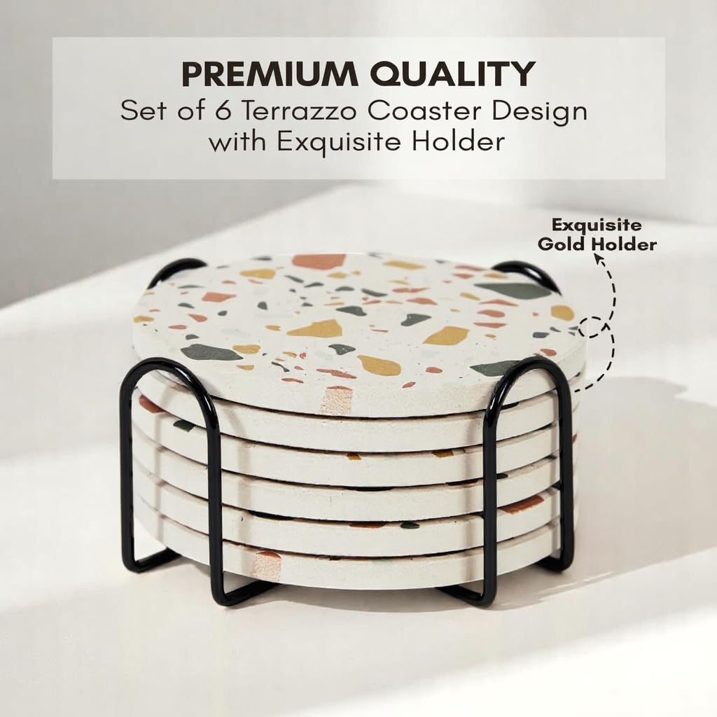 Absorbent Coaster Set of 6 with Holder, Drink Coasters for Coffee Table, Kitchen, Home Decor, Cute Ceramic Round Coasters, Alternative to Silicone, Cork or Glass Coaster (Sunset with Black Holder)