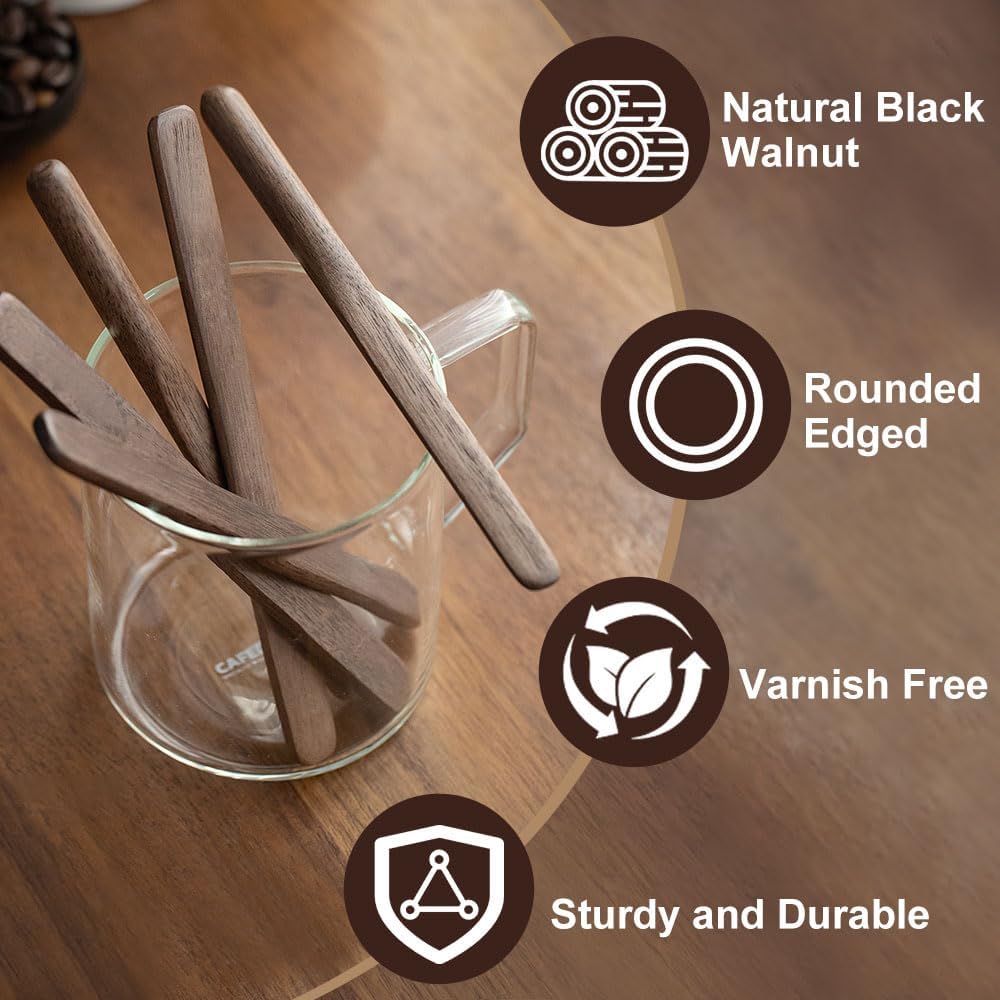 4Pcs Black Walnut Wood Coffee Stirrers 6″ Reusable Wooden Drink Stir Sticks for Coffee, Tea, Milk, Chocolate & Jam Spreader
