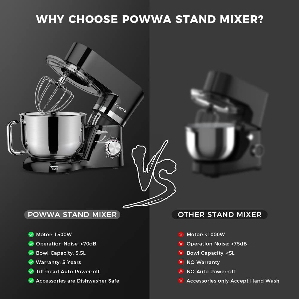 Stand Mixer, POWWA 6.5 Quart Electric Mixer, 6+1 Speed 660W Tilt-Head Kitchen Food Mixers with Whisk, Dough Hook, Mixing Beater & Splash Guard for Baking, Cake, Cookie, Kneading, ETL Certified (Black)