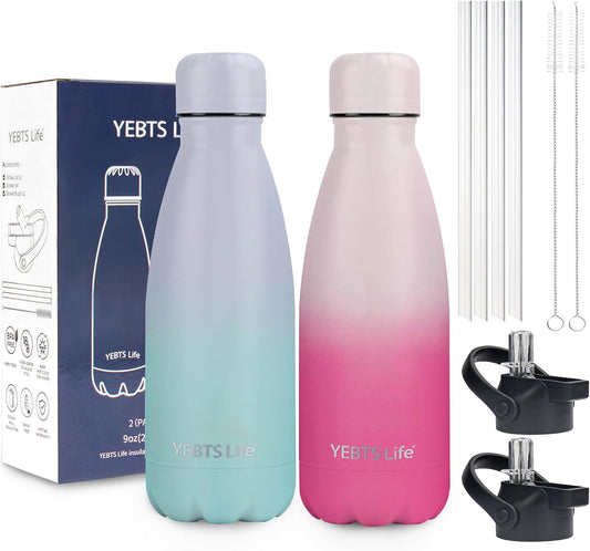 Insulated Water Bottle, 2 Pack-9oz Stainless Steel Water Bottles with straw lid, Metal Sports Water Bottles for Boys,Girls, Double Wall Vacuum BPA-Free Flask for School (Sunset & Sea)