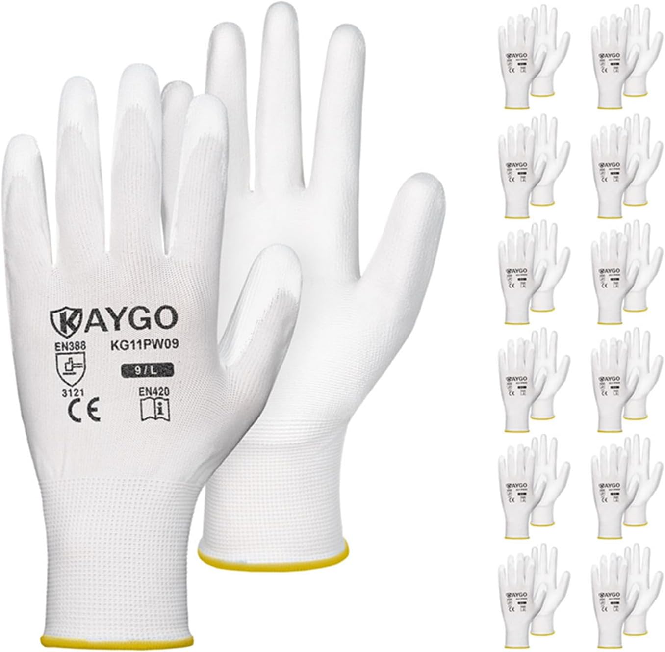 KAYGO Safety Work Gloves PU Coated-12 Pairs, KG11PB, Seamless Knit Glove with Polyurethane Coated Smooth Grip on Palm & Fingers, for Men and Women, Ideal for General Duty Work (Large, White)