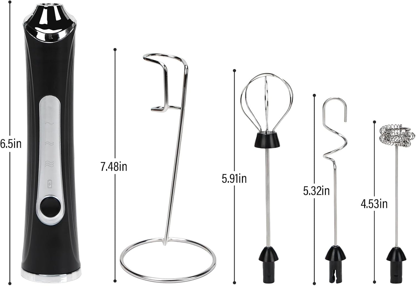 Rechargeable Milk Frother with Stand - 3 Speed Adjustable Electric Whisk, 3 Detachable Stainless Steel Heads for Latte, Cappuccino, Matcha, Egg(Black)