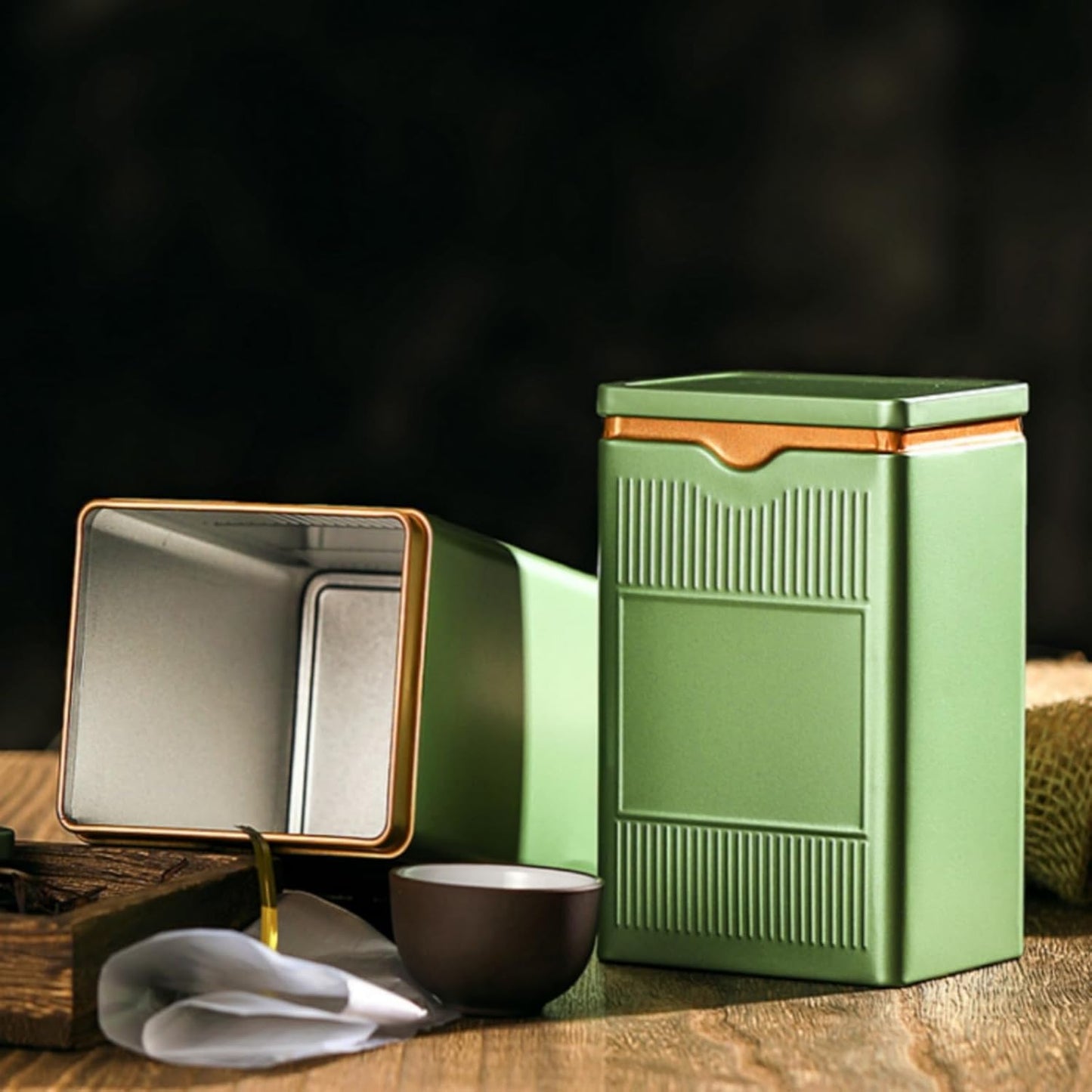 HAN SHENG Square Airtight Tea Tins - Green, Food Storage Containers for Loose Tea, Coffee, Spices (5.9"x3.4"x2.8")