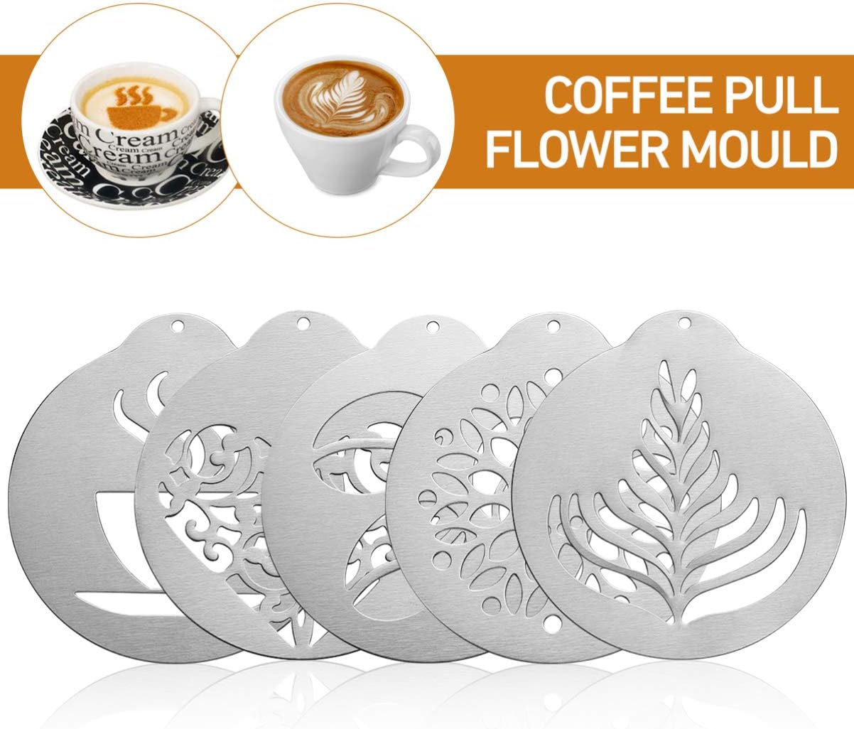 Coffee Decorating Stencils, 5Pcs Stainless Art Stencils Garland Mould Cappuccino Art Templates for Mousse, Cup Cake, Birthday Cake, Coffee, Hot Chocolate