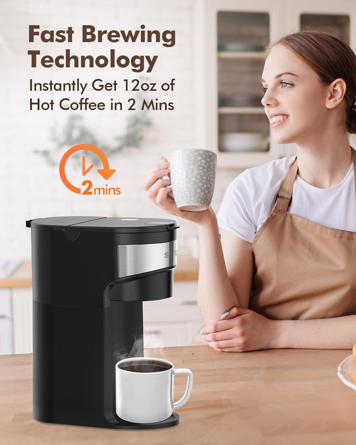 SIFENE Mini Coffee Maker Single Serve Instant Coffee Brewer, One Cup for K Pod & Ground Coffee, Capsule Coffee Machine with Water Window and Descaling Reminder (Black)