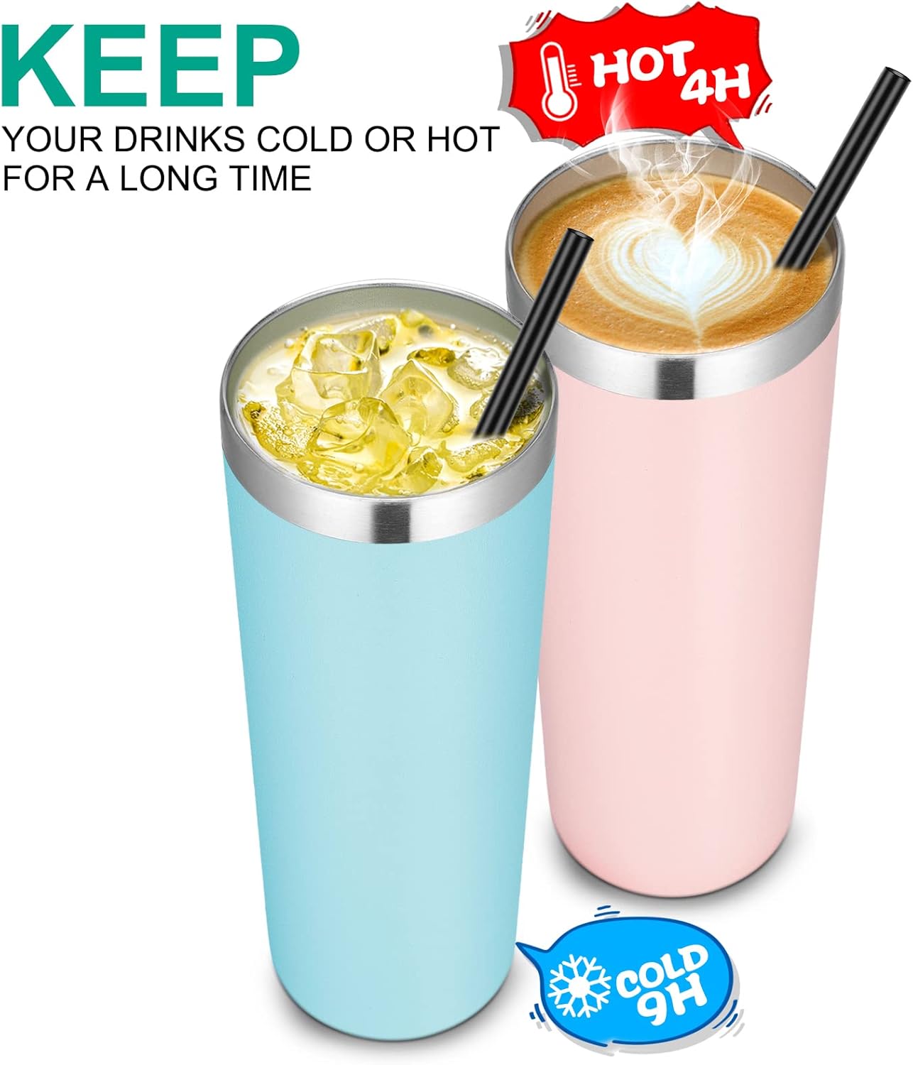 VEGOND Stainless Steel Skinny Tumbler, 20 oz Vacuum Insulated Tumbler with Lid and Straw, Double Wall Coffee Cup, Travel Mug for Cold Hot Drinks, Light Pink 1 Pack