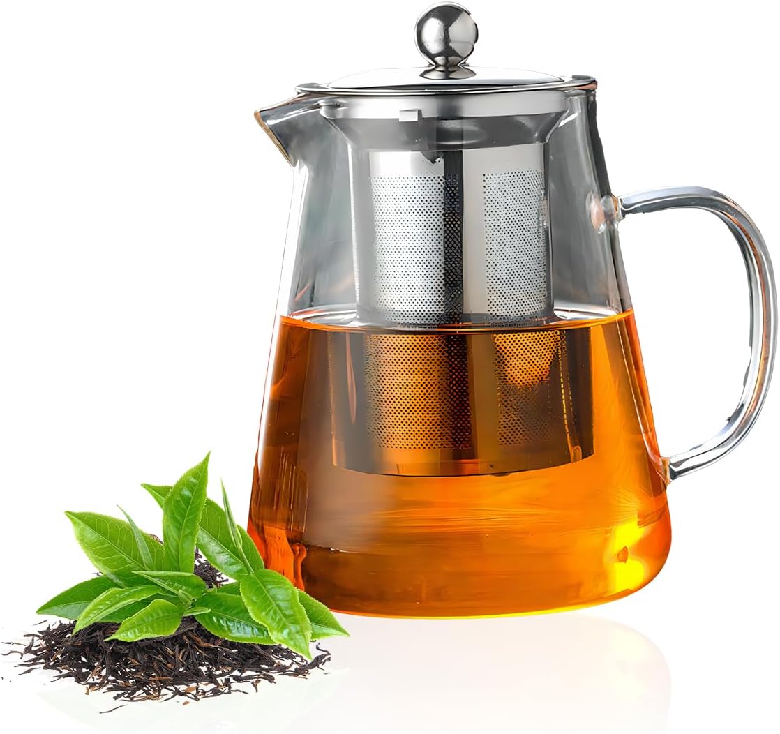 1300ml(44oz) Glass Teapot with Removable Infuser - Stovetop Safe High Borosilicate Clear Teapot for Loose Leaf Tea, Blooming Tea, Home & Office Use