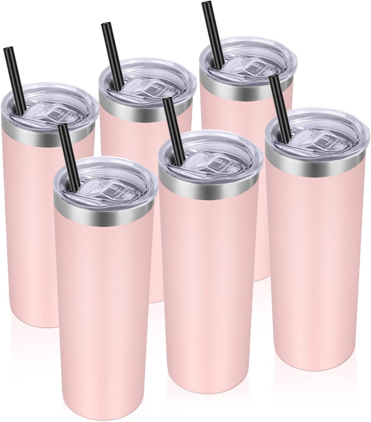 VEGOND Stainless Steel Tumblers Bulk 6 Pack, 20 oz Vacuum Insulated Skinny Tumblers with Lid and Straw, Double Wall Coffee Mug, Travel Water Cup, Light Pink
