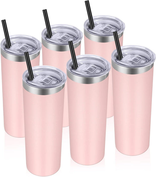 VEGOND Stainless Steel Tumblers Bulk 6 Pack, 20 oz Vacuum Insulated Skinny Tumblers with Lid and Straw, Double Wall Coffee Mug, Travel Water Cup, Light Pink