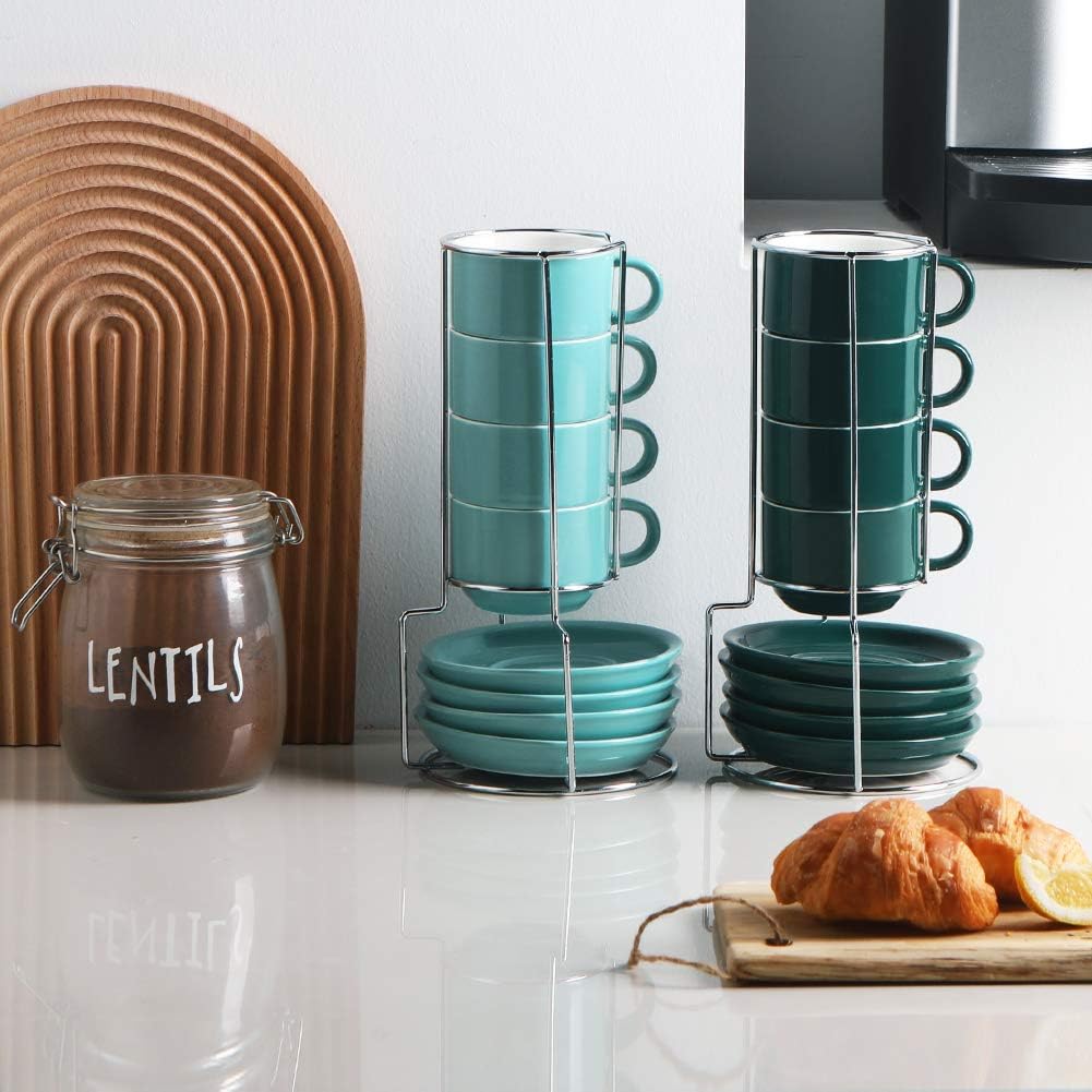 Sweejar Porcelain Espresso Cups with Saucers, 4 Ounce Stackable Cappuccino Cups with Metal Stand for Coffee Drinks, Latte, Tea - Set of 4 (Turquoise)