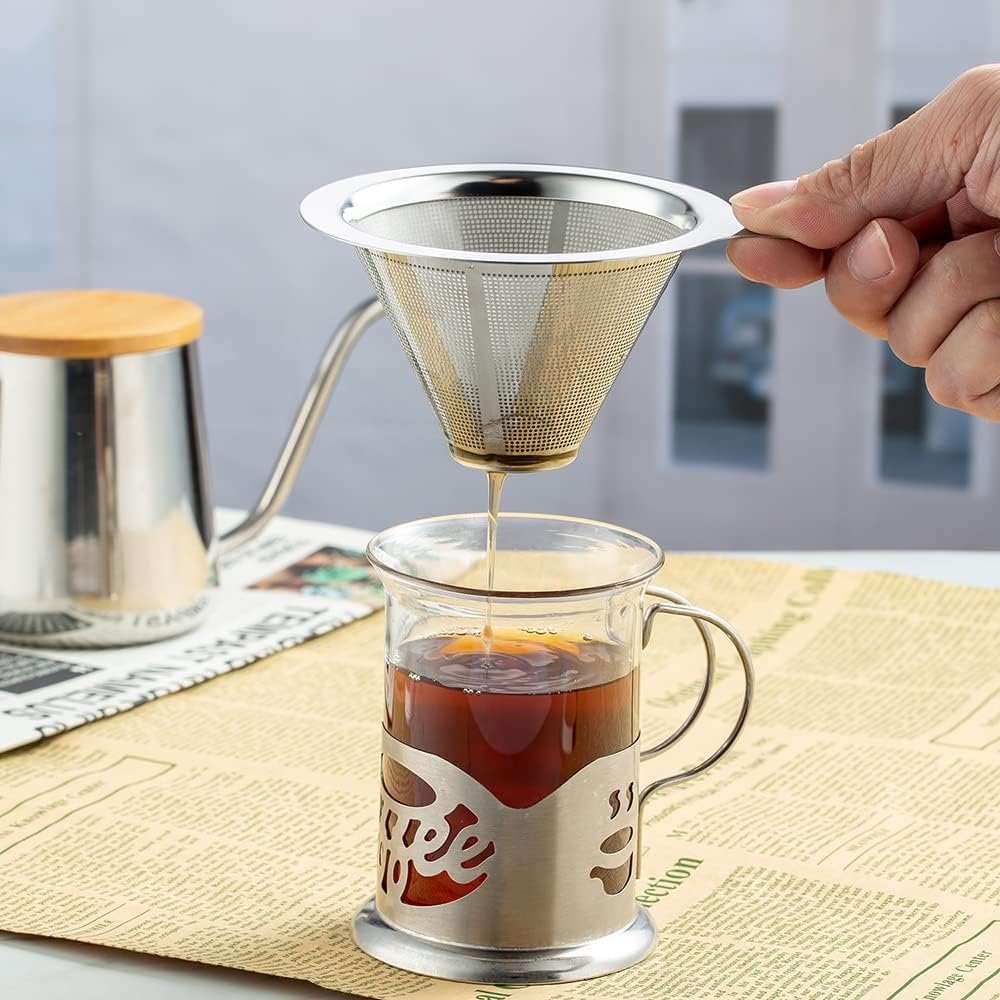 Upgraded Pour Over Coffee Filter, Coffee Dripper, Paperless Mess Stainless Steel Coffee Filter, Maker One to Two Cup Coffee, Easy to Use and Clean (2-4Cups)