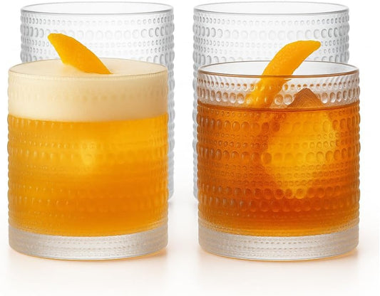 LEMONSODA Hobnail Drinking Glasses Set of 4 – Vintage Clear Lowball Glass Cups 10oz – Textured Barware Aesthetic Retro Glassware Tumblers for Water, Cocktails, Whiskey, Juice (Lowball 10oz, Set of 4)