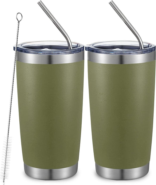 COMOOO 20oz Double Wall Vacuum Insulated Travel Mug, Stainless Steel Tumbler with Lid and Straw Durable Powder Coated Insulated Coffee Cup for Cold & Hot Drinks (Army Green, 2 Pack