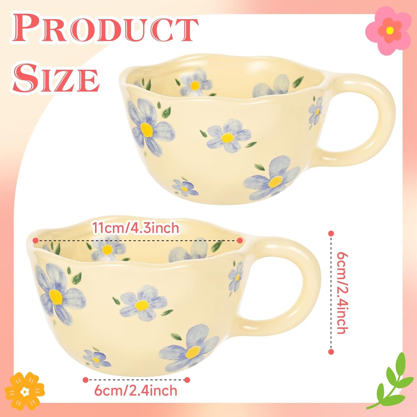 Ceramic Coffee Mug Set of 2 Vintage Flower Mugs 8 oz Cute Floral Coffee Mugs Irregular Latte Art Cup Lead-free Porcelain Cups for Cappuccino, Cocoa (2 Blue Flower)