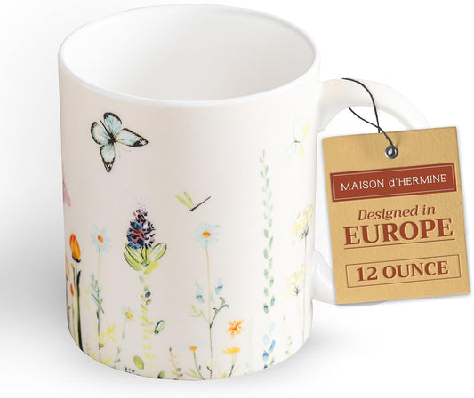 Maison d' Hermine Coffee Mug with Handles Fine Bone China Mugs Pack of One Tea Cups for Hot Beverages Cappuccino Latte Home Restaurant Office Perfect for Gift (Botanical Fresh - Meadow, 12 Ounce)