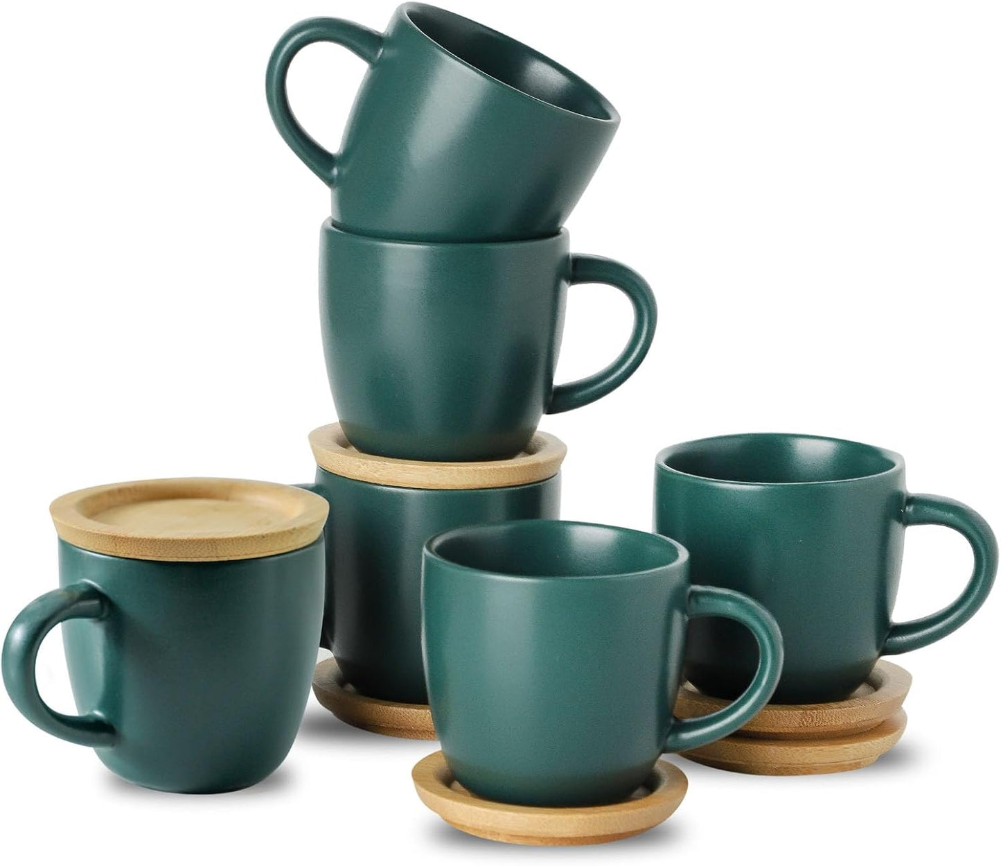 Hasense Stackable Porcelain Mini Espresso Cups and Saucers Set of 6, 4 OZ Ceramic Small Demitasse Espresso Shots Cups with Lids for Nespresso Lungo, Latte, Cafe Mocha and Tea, Green