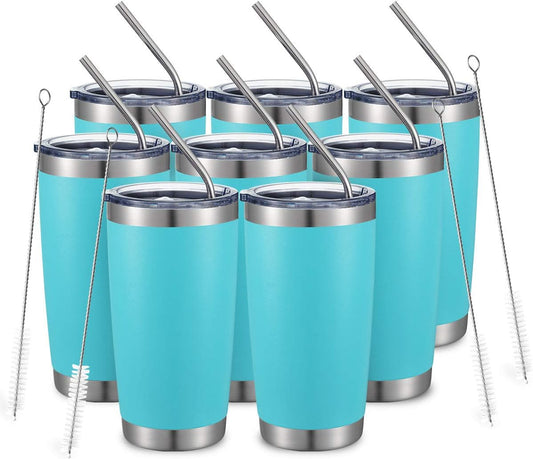 COMOOO 20oz/8Pack Tumbler Double Wall Vacuum Insulated Travel Mug, Stainless Steel Tumbler Bulk with Lid and Straw Insulated Coffee Cup for Cold & Hot Drinks (Light Blue, 8 Pack)