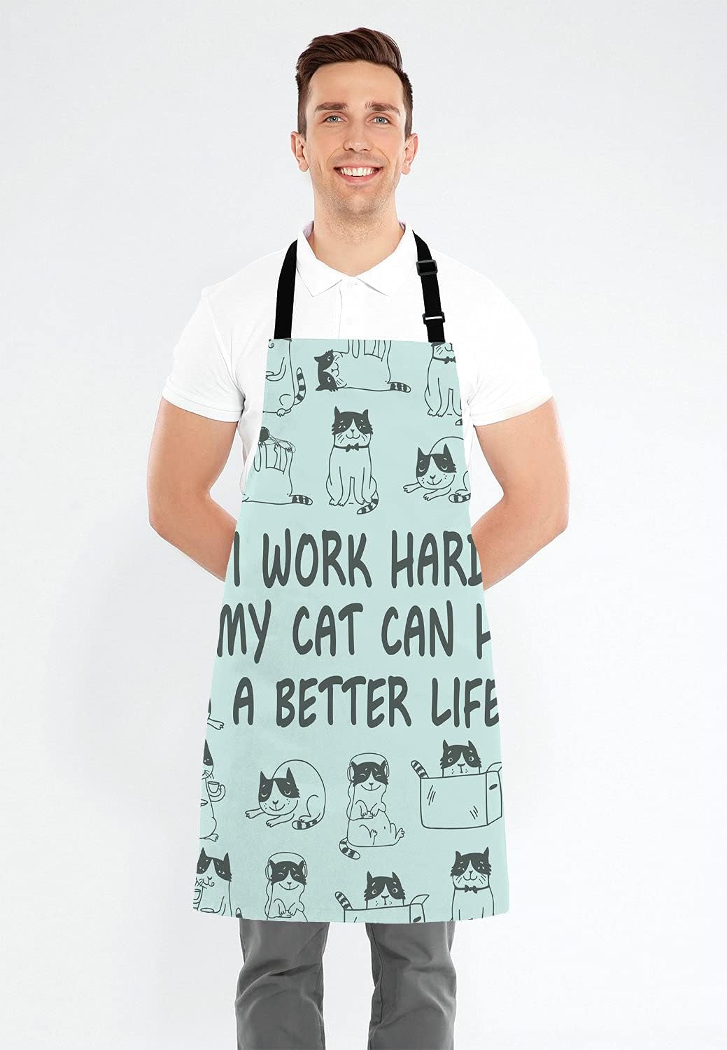Funny Cat Adjustable Bib Apron, I Work Hard So My Cat Can Have A Better Life Cooking Kitchen Apron for Men Women
