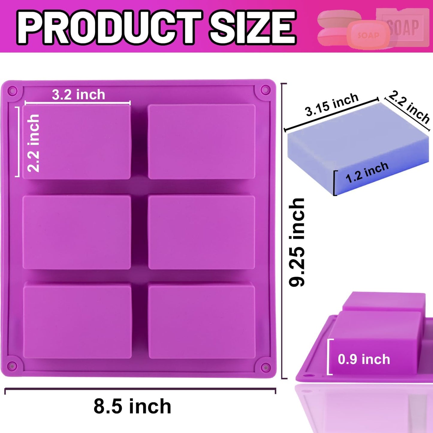 4 Pack Silicone Soap Molds, 6 Cavities Rectangle Silicone Soap Mold, Great for Homemade Craft Soap Bar Mold, DIY Chocolate Molds, Cake Molds & Ice Cube Trays - Just Pop Out (Purple & Pink)