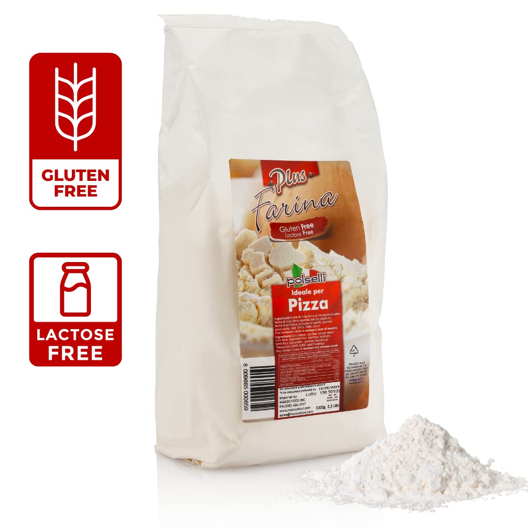 Gluten Free Flour, Pizza Flour, Lactose Free, 2.2lb, All Natural, Multi Purpose Flour & Starch Blend, for Baking Pizza, Bread, & Pasta, Product of Italy, Polselli
