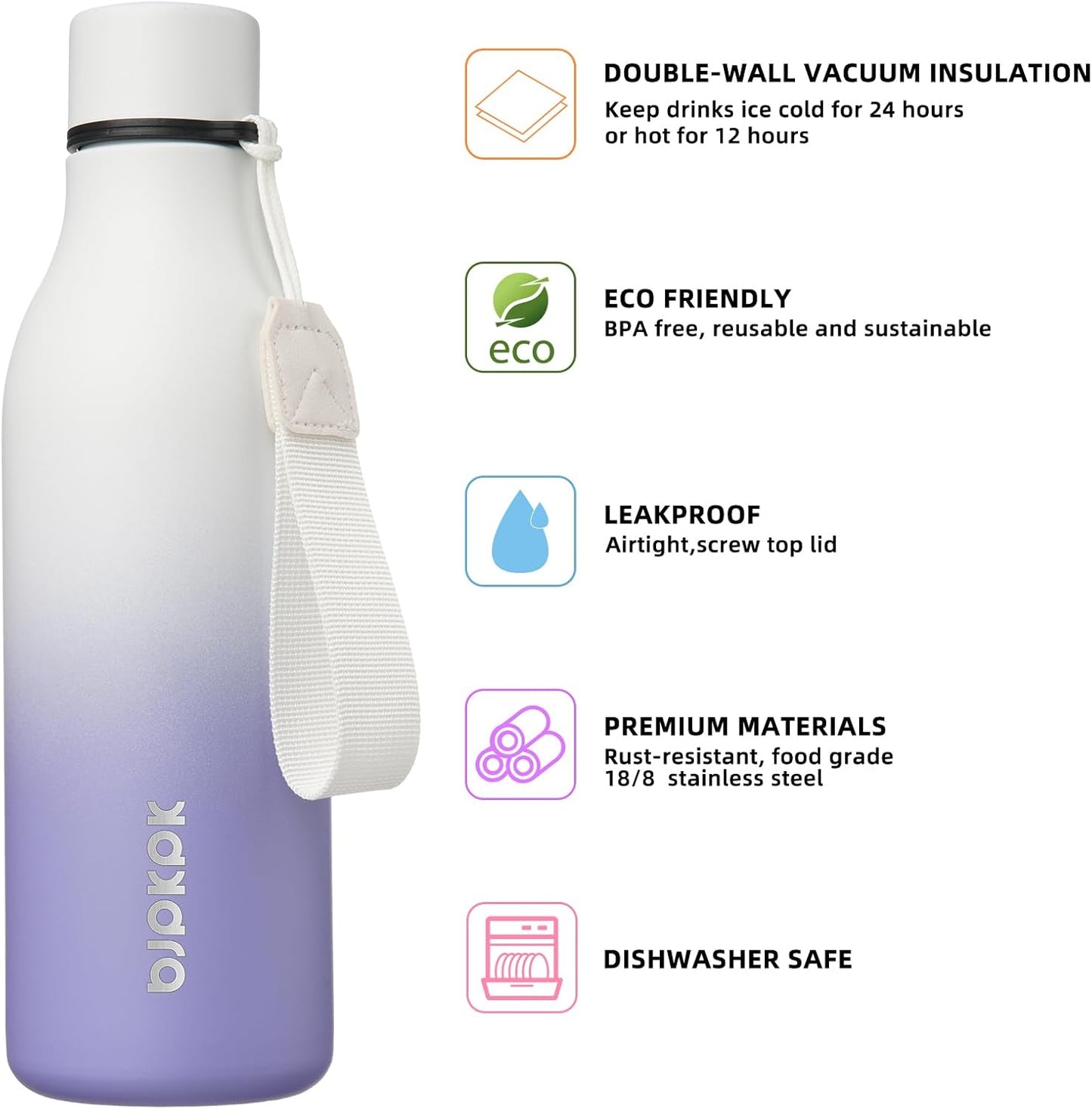 BJPKPK Insulated Water Bottles, 18 oz Stainless Steel Metal Water Bottle with Strap, BPA Free Leak Proof Thermos, Mugs, Flasks, Reusable Water Bottle for Sports & Travel, Lilac Elegance (Pack of 2)