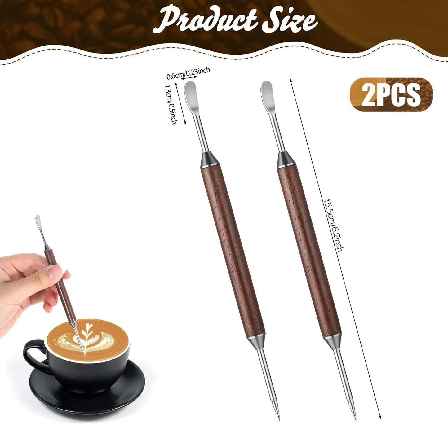 2pcs Latte Art Pen, Double-Ended Stainless Steel Barista Tools with Black Wood Handle, Professional Coffee Art Pen for Home Cafe Espresso Designs, Barista Accessories