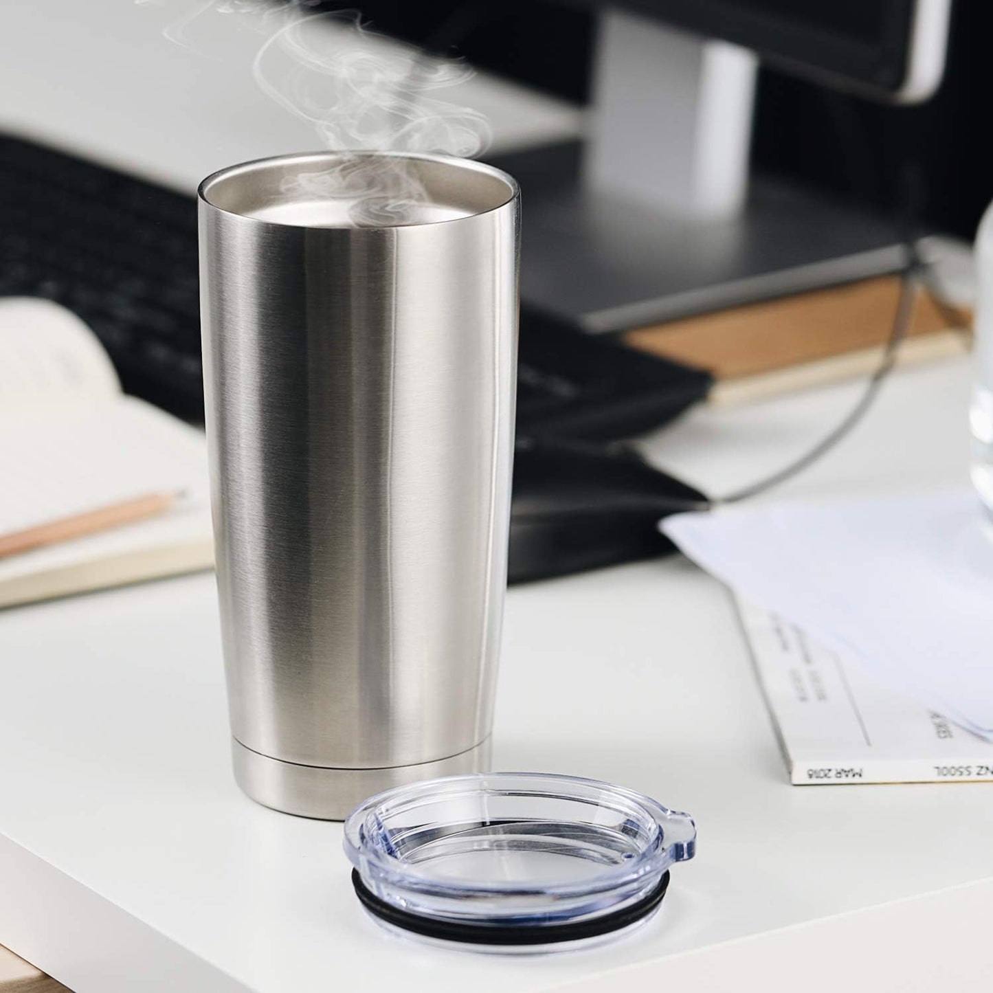 COMOOO 20oz Double Wall Vacuum Insulated Travel Mug, Stainless Steel Tumbler with Lid and Straw Durable Powder Coated Insulated Coffee Cup for Cold & Hot Drinks (Silver. 2 pack