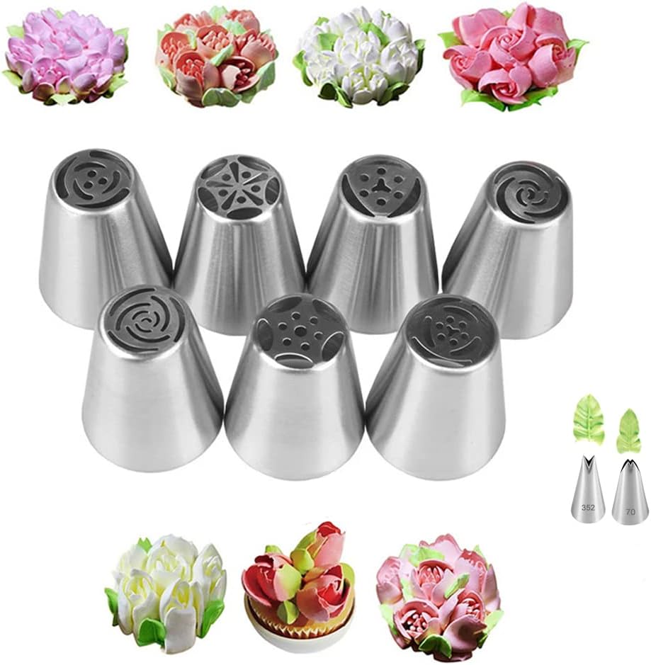 Russian Piping Tips Set with 7 Flower Icing Tips & 2 Leaf Pastry Tips Nozzles for Frosting Cookie Cupcake Cake Decorating