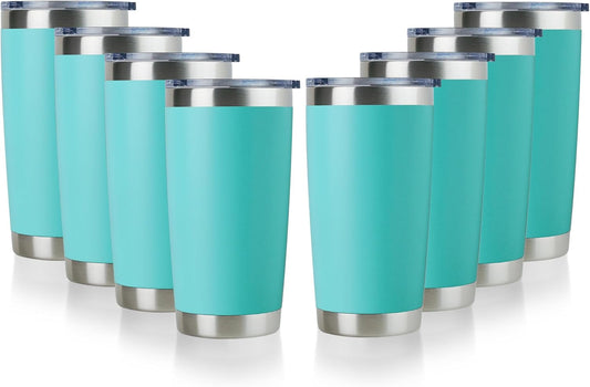 DOMICARE 20oz Stainless Steel Tumbler Bulk with Lid, Double Wall Vacuum Insulated Travel Mug, Powder Coated Coffee Cup. Light Blue, 8 Pack