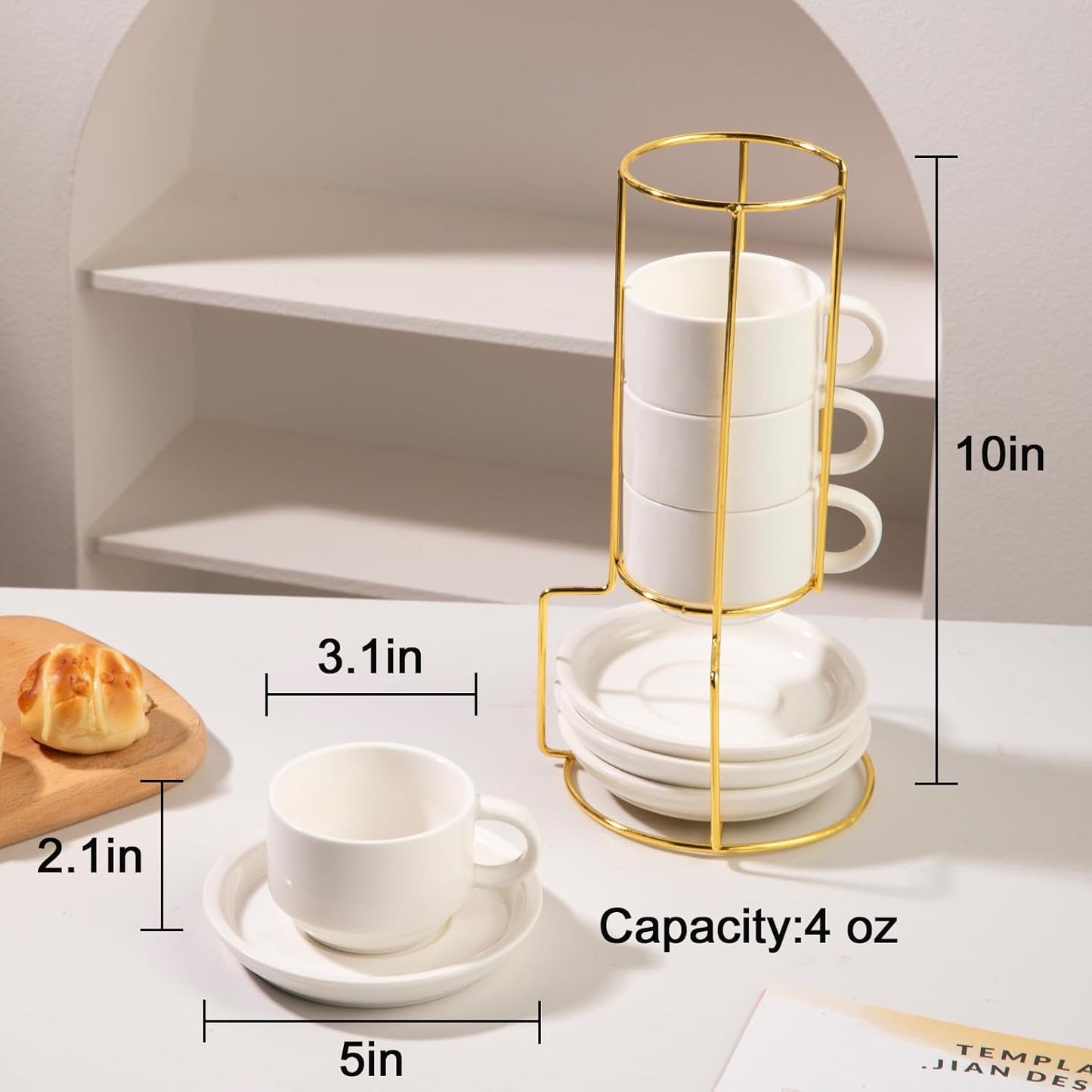 Sweejar Porcelain Espresso Cups with Saucers, 4 Ounce Stackable Cappuccino Cups with Metal Stand for Coffee Drinks, Latte, Tea - Set of 4 (White Gold Stand)