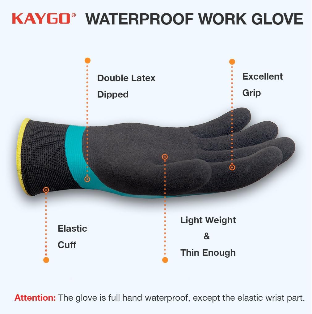 KAYGO Waterproof Work Gloves for Men and Women, Rubber Coated Non-slip Working Gloves for Garden, Outdoor Construction,3 pairs,Blue,S