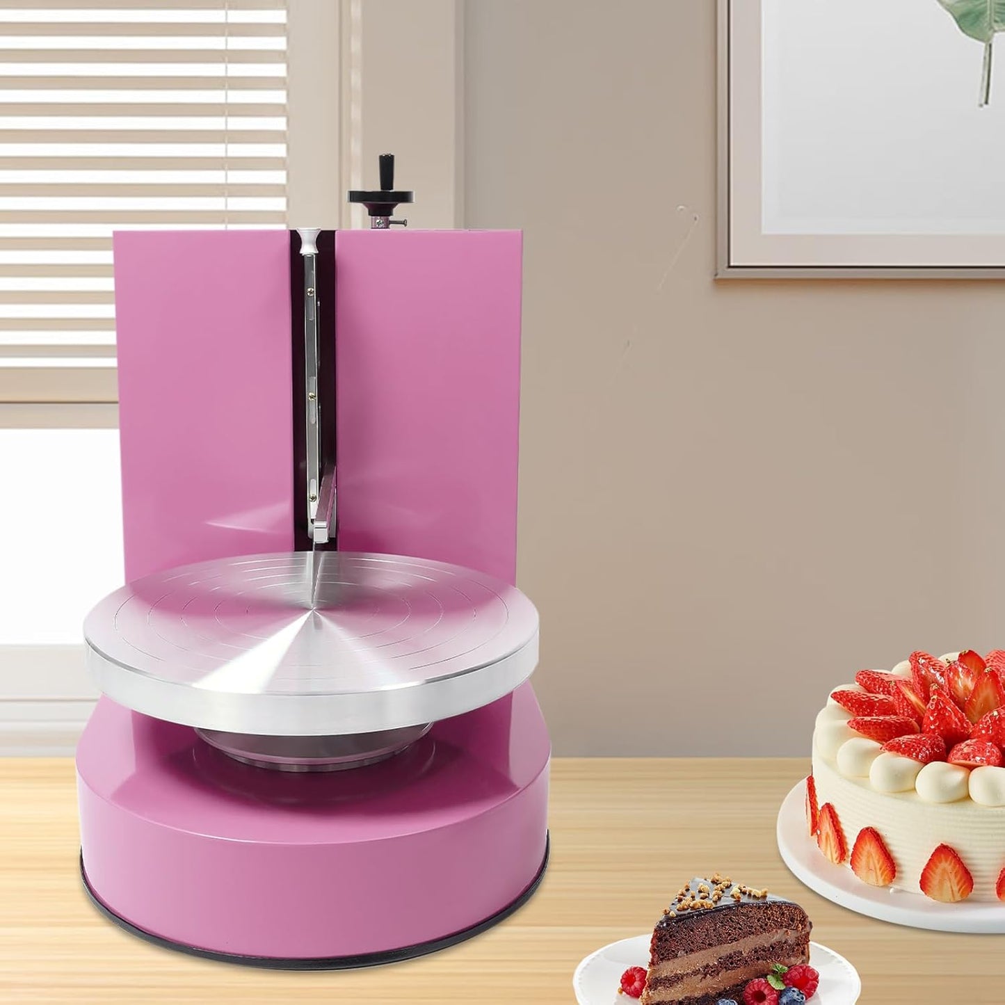 Cake Decorating Machine, 200W Cake Cream Spreading Machine 60-320rpm Rotating Speed Automatic Cake Cream Spreading Machine with LCD Display for 4-12 inch Cakes (Pink)