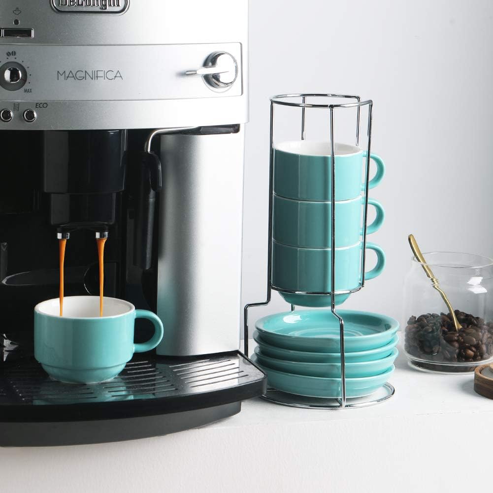 Sweejar Porcelain Cappuccino Cups with Saucers and Metal Stand, 8 Ounce Stackable Espresso Cups for Specialty Coffee Drinks, Latte, Americano, Tea - Set of 4 (Turquoise)