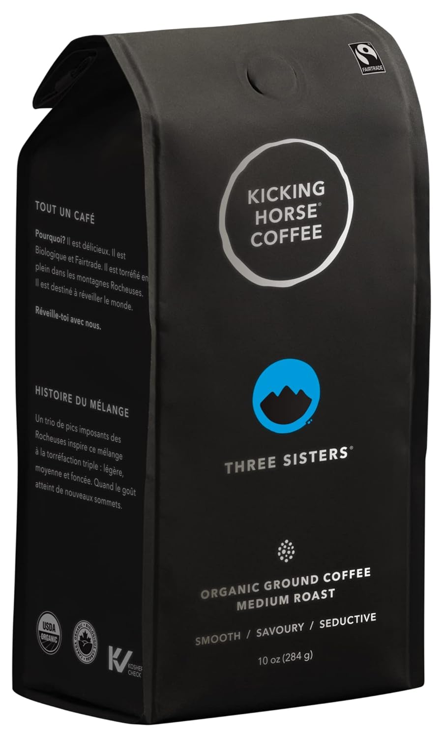 Kicking Horse Coffee Three Sisters, Medium Roast, Ground, Certified Organic, Fairtrade, Kosher, Black, 10 Oz, Pack of 6