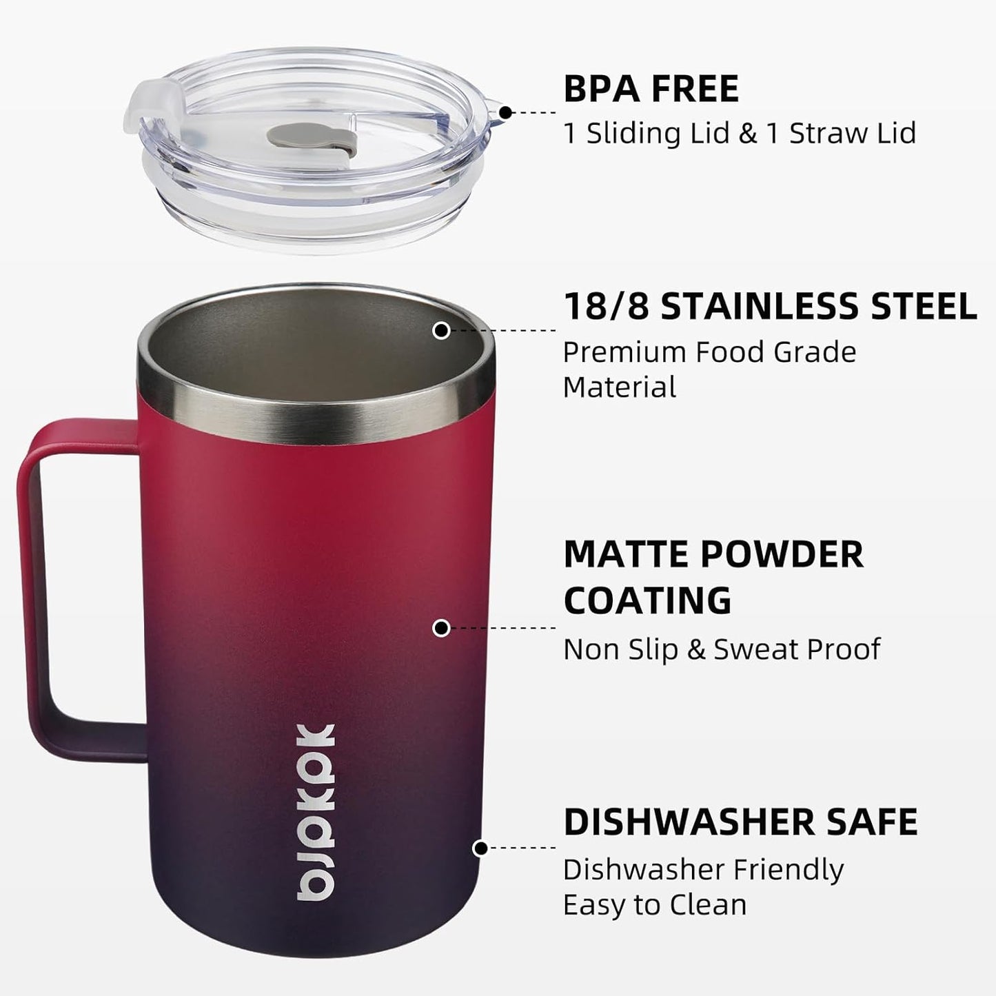 BJPKPK Insulated Coffee Mug with 2 Lids, 25oz Stainless Steel Insulated Tumbler with Handle, Double Wall Vacuum Coffee Cups, BPA Free Travel Mug for Coffee, Tea and Drinks, Charming Red & Blue