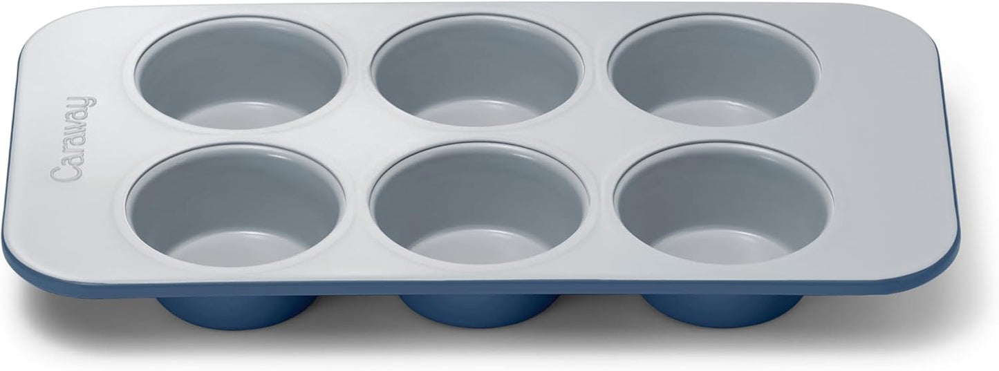 Caraway Nonstick Ceramic 6 Cup Muffin Pan – Non-Toxic, PTFE & PFOA Free – Oven Safe – Aluminized Steel Core – Small Muffin Pan for Baking Cupcakes, Muffins & More - Navy