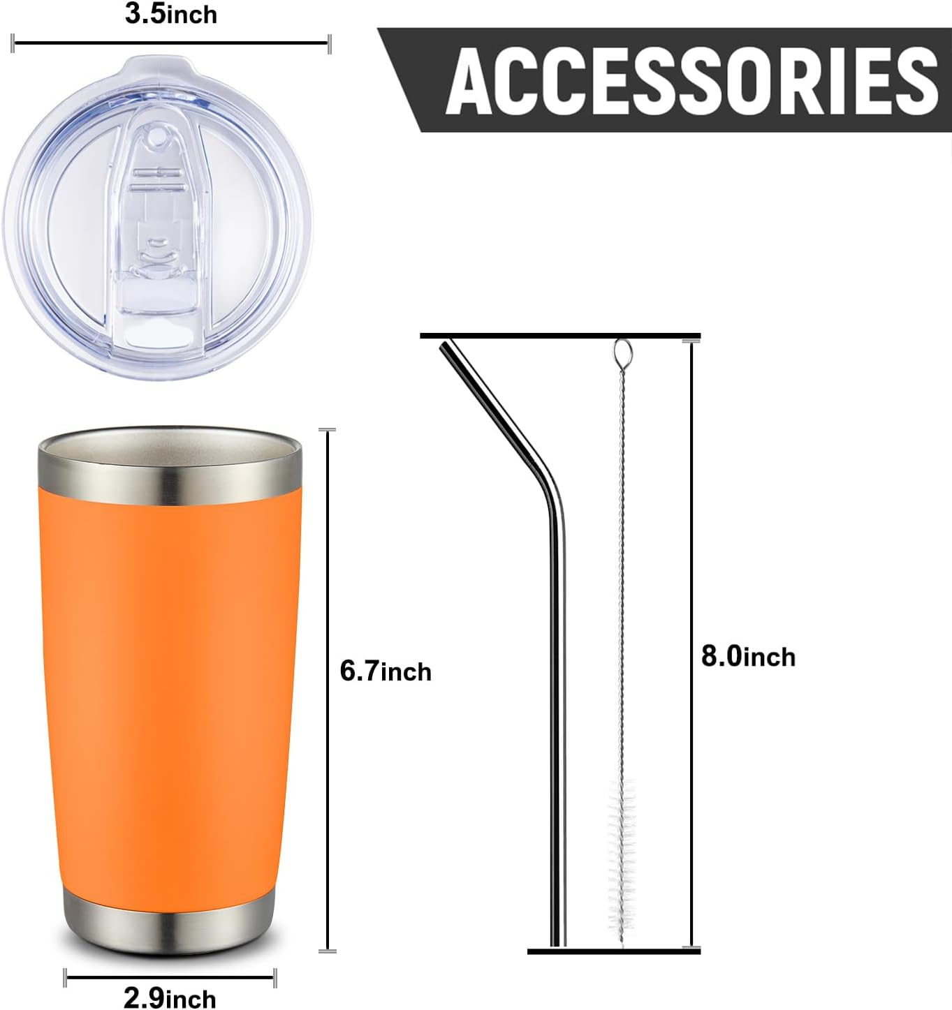 COMOOO 20oz Tumbler Bulk Double Wall Vacuum Insulated Travel Mug, Stainless Steel Tumbler with Lid and Straw Durable Powder Coated Insulated Coffee Cup for Cold & Hot Drinks (Orange, 2 pack
