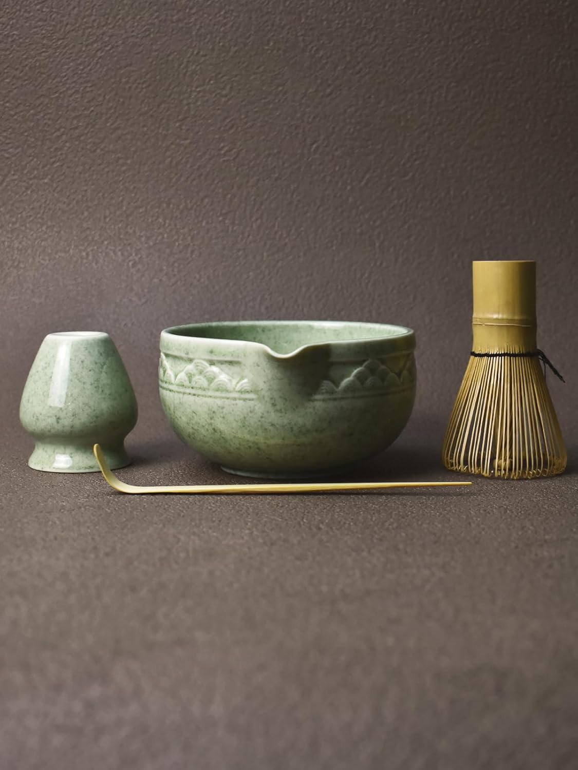 Artcome Matcha Tea Set with Pouring Spout - Green Ceramic Matcha Bowl, Bamboo Whisk, Whisk Holder, Tea Scoop & Matcha Tea Manual for Traditional Japanese Tea Ceremony - Ideal for Gift - Light Green