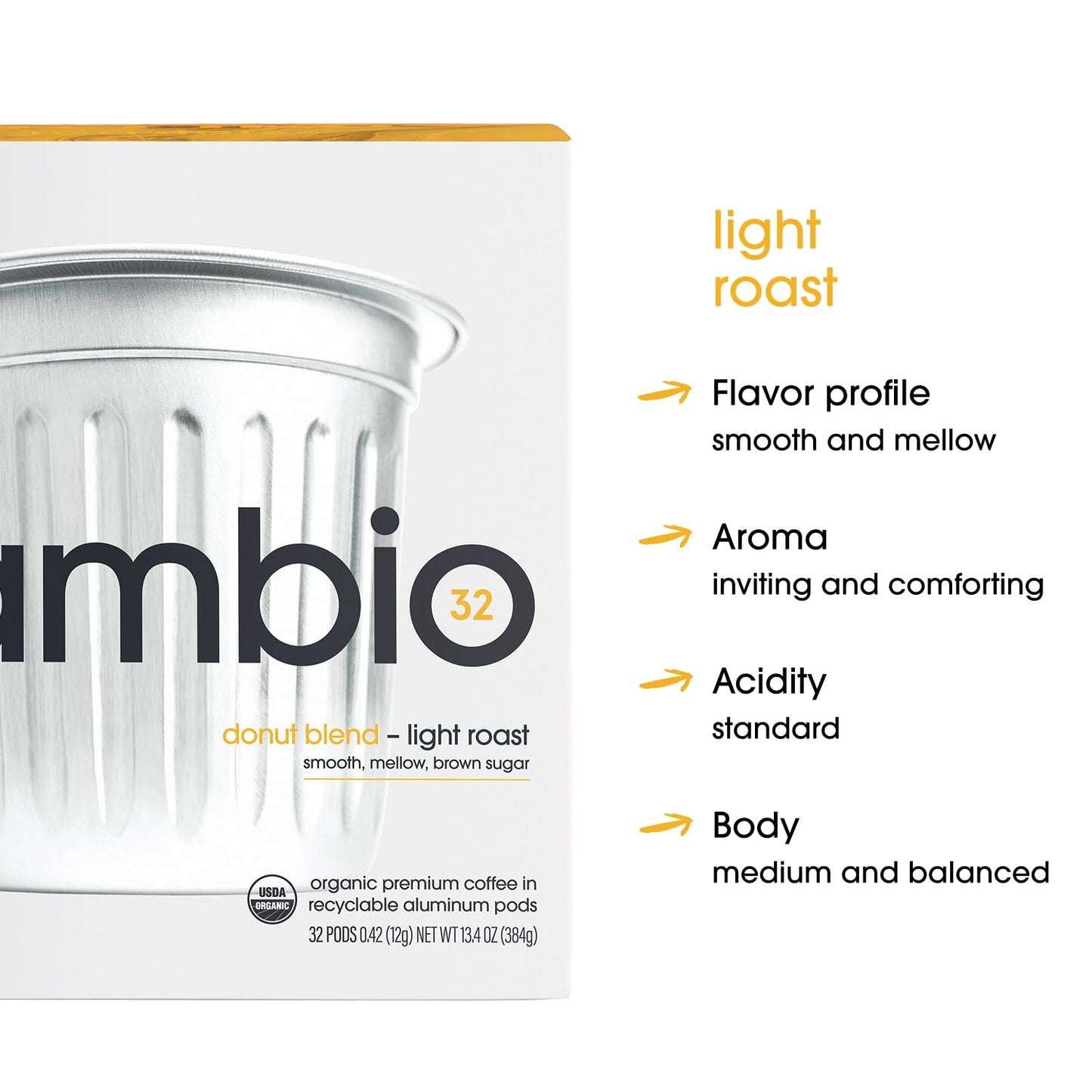 Cambio Roaster Donut Blend Keurig Coffee K Cups, Organic Light Roast Coffee Pods, Only Aluminum K Cup for More Flavor & Longer Lasting Freshness, Caffeinated Lower Acid Kcups for Keurig, 10 count