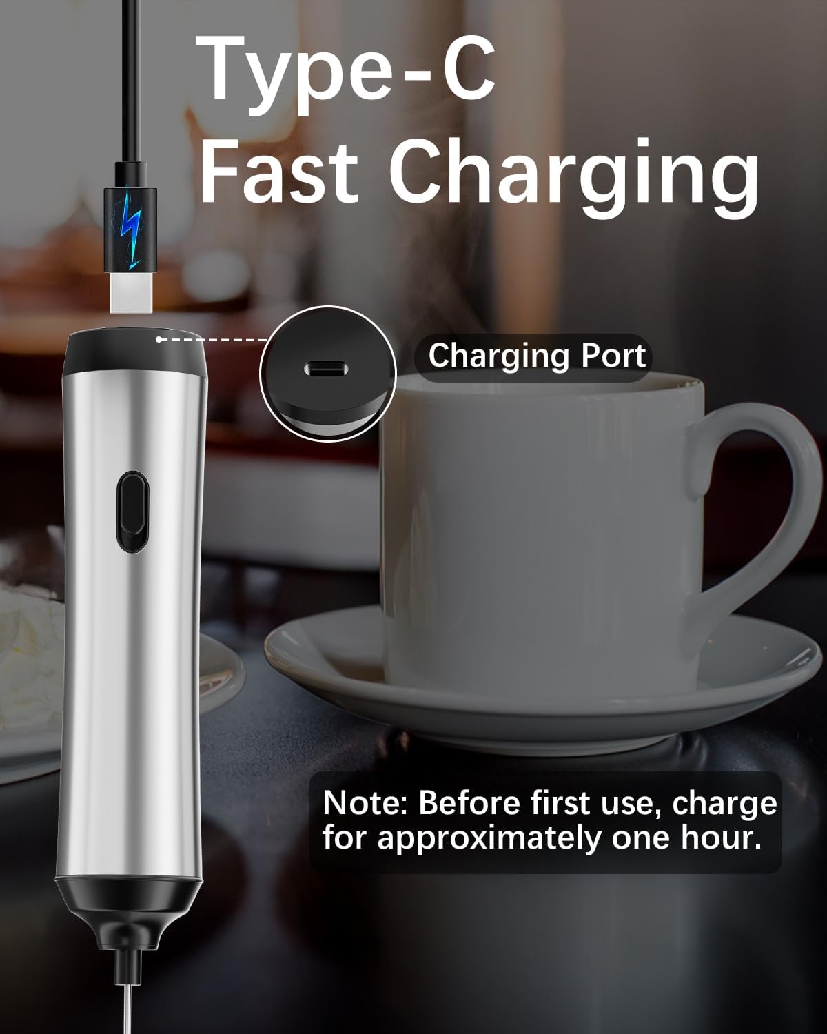 Rechargeable Milk Frother with Stand, Electric Frother Wand Handheld Coffee Foam Maker Detachable Stainless Steel Whisk Drink Mixer Foamer for Latte, Cappuccino, Hot Chocolate, Egg (Silver-1)